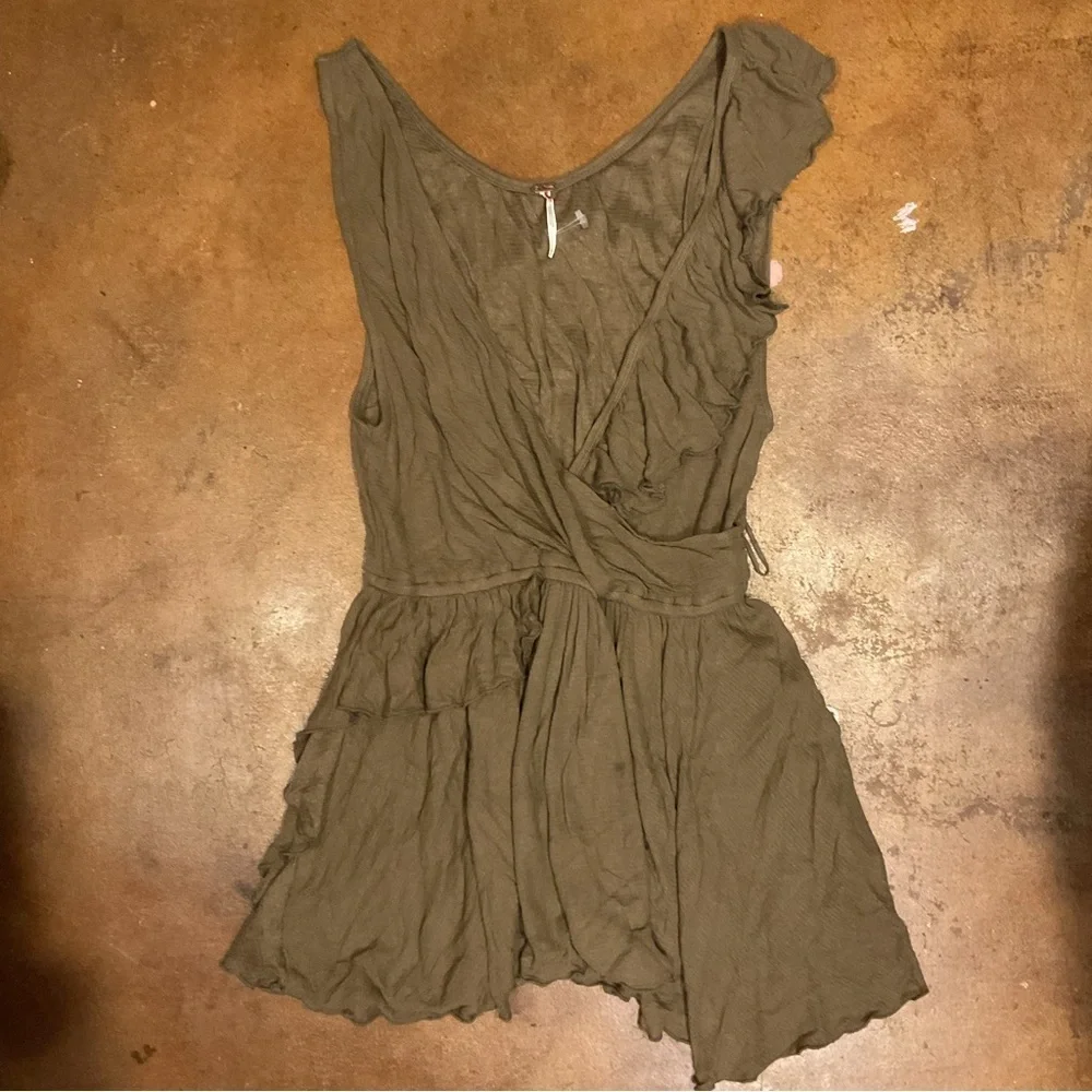 Free People Army Green Multi Ruffle Low Cut Tiered Guazy Bohemian Dress M A20